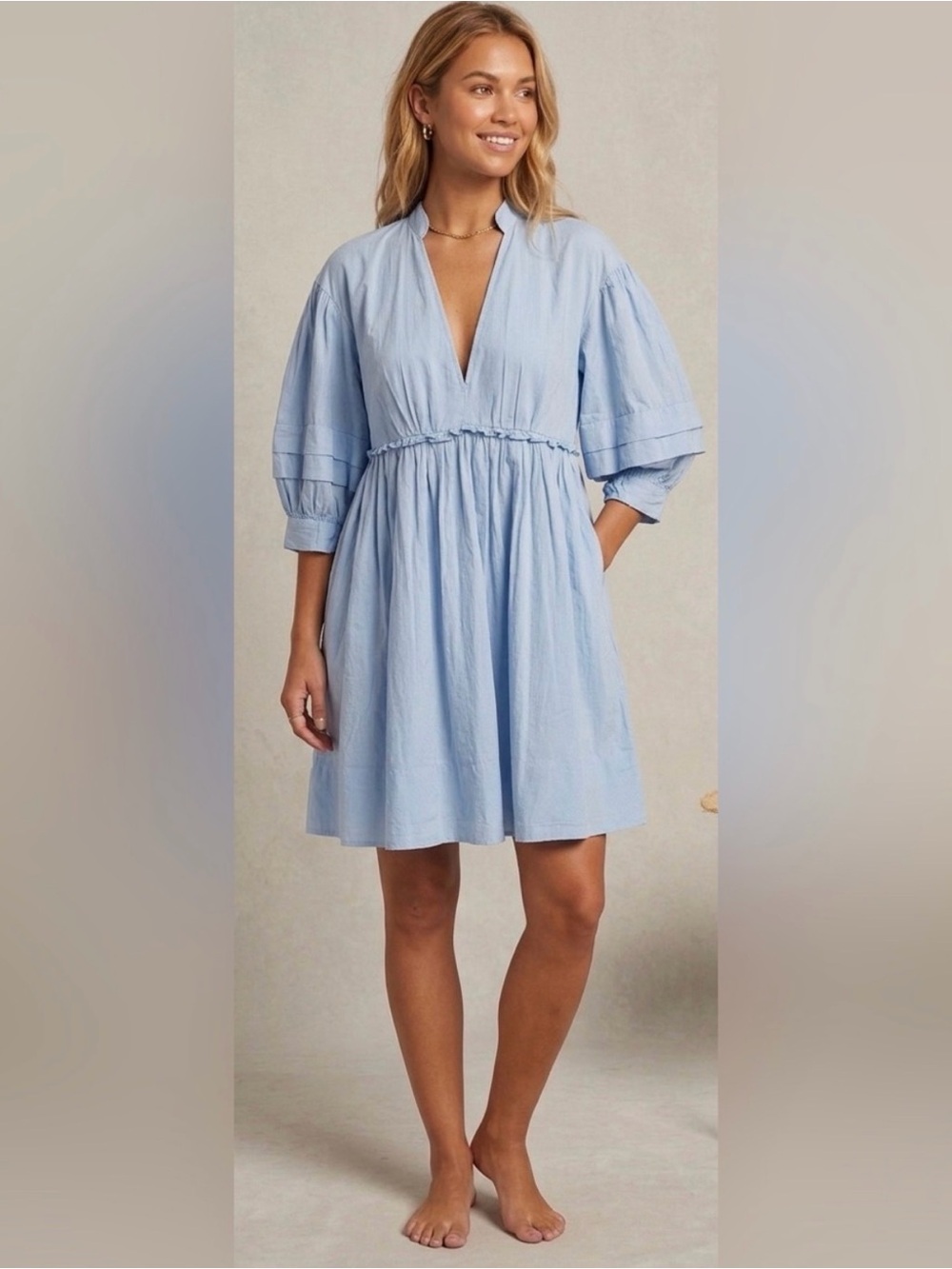 Anthropologie Sky Blue V-Neck Puff Sleeve Mini Dress